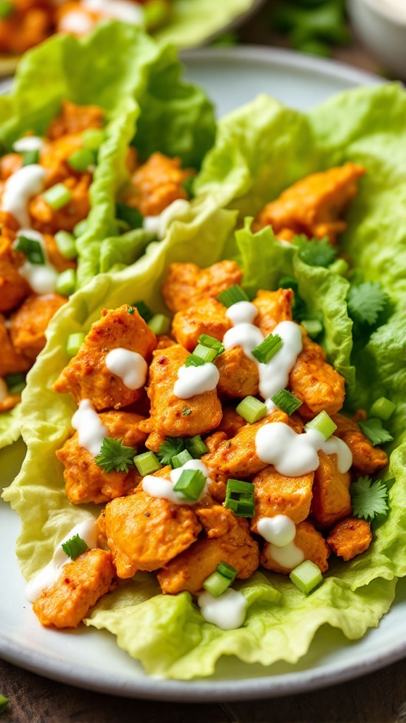 Spicy Buffalo Chicken Lettuce Wraps with toppings