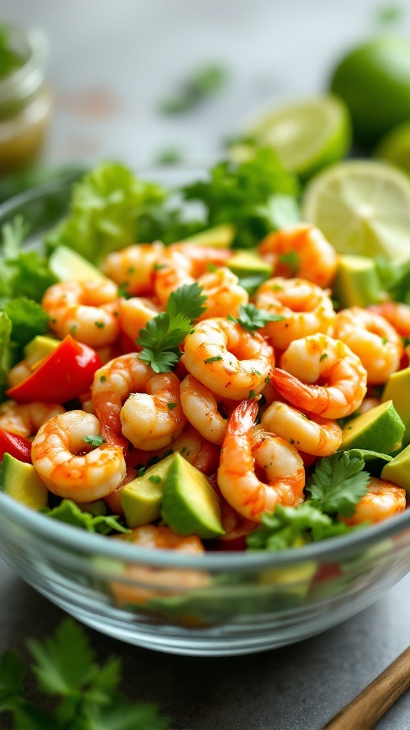 A vibrant bowl of spicy shrimp and avocado salad with fresh vegetables.