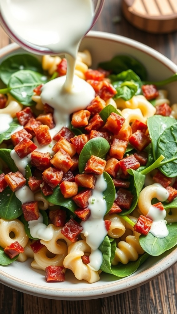 A bowl of Spinach and Bacon Pasta Salad with Ranch dressing being poured over it
