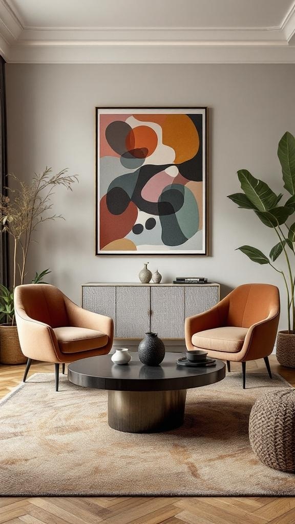 A stylish lounge room featuring two warm-toned armchairs, a unique coffee table, and a textured sideboard, complemented by bold artwork.