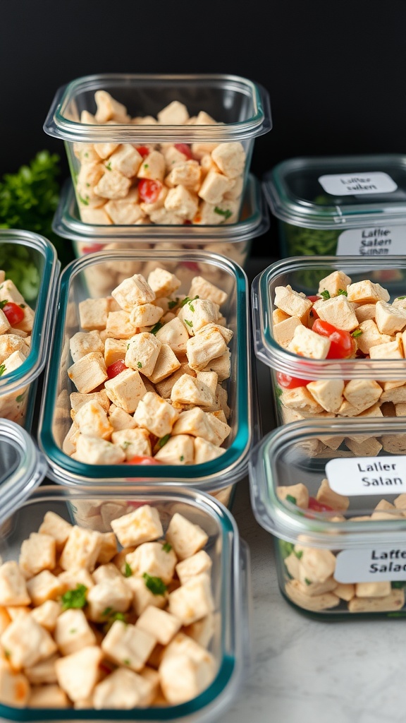 Containers of prepared chicken salad ready for meal prep.
