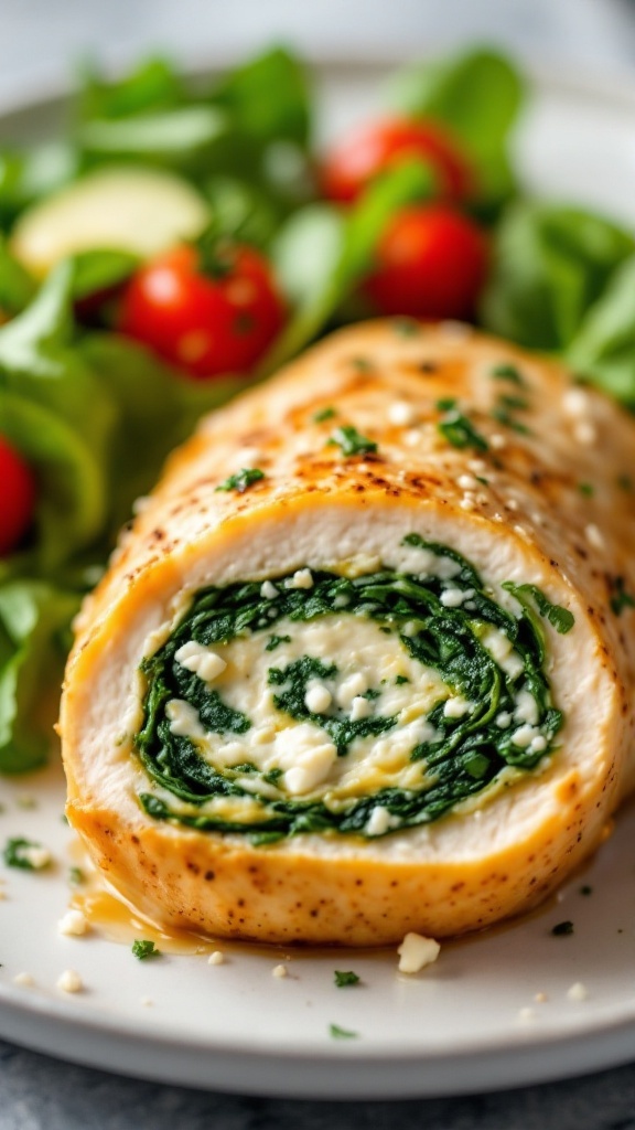 Stuffed chicken breast with spinach and feta served on a plate.