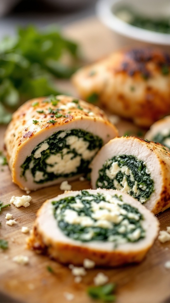 Stuffed chicken breast with spinach and feta, sliced to show the filling.