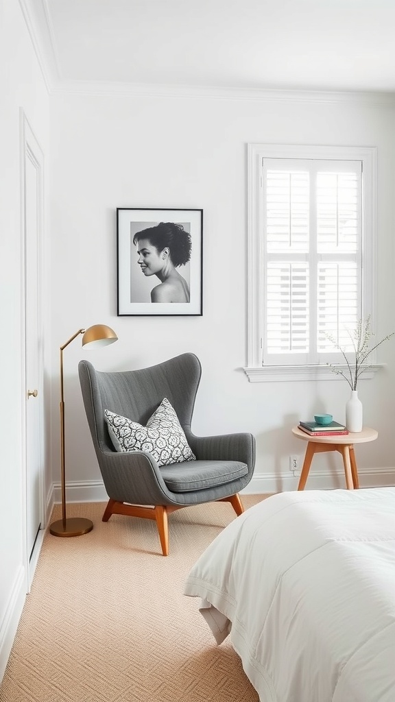 A stylish orange accent chair next to a bed in a minimalist bedroom.