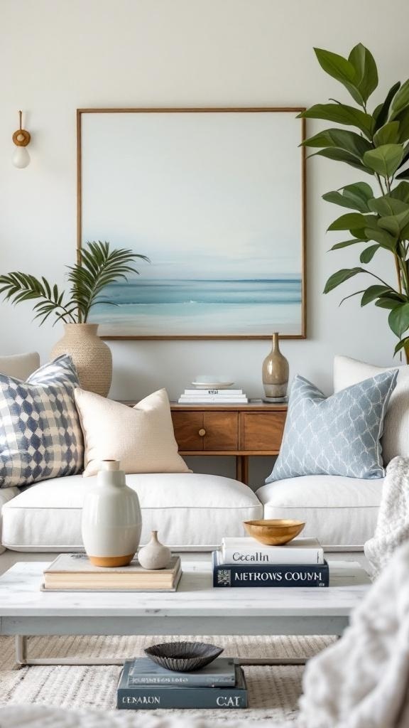 A stylish lounge room featuring soft cushions, a coffee table with decorative items, and a tall plant, embodying Hamptons-style decor.