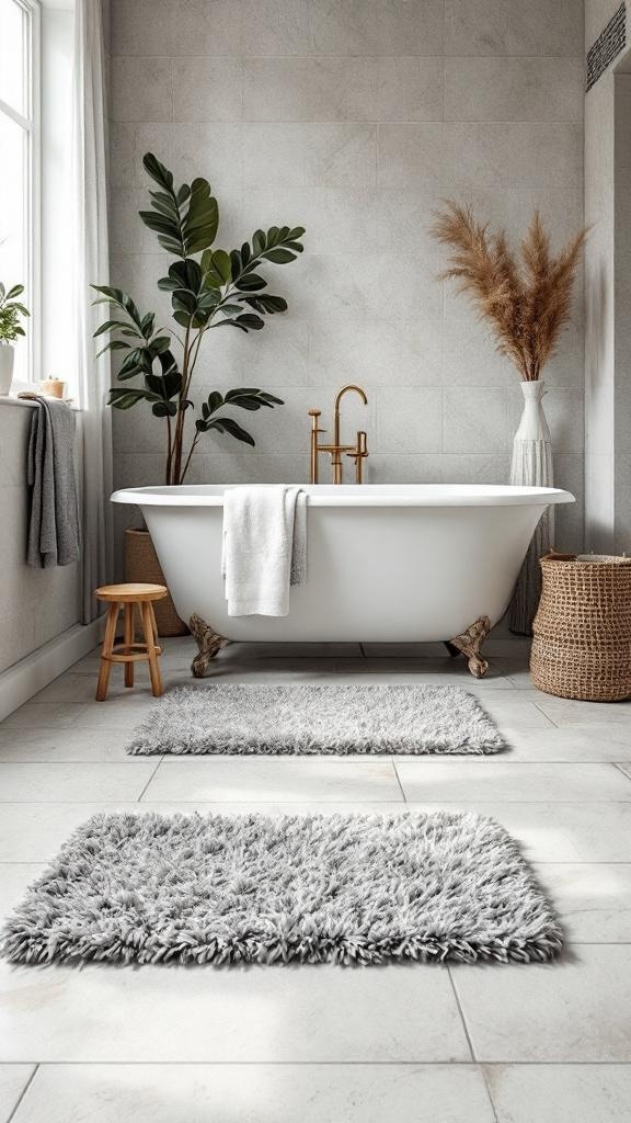 A stylish bathroom featuring two gray bath mats, a white freestanding bathtub, and plants.