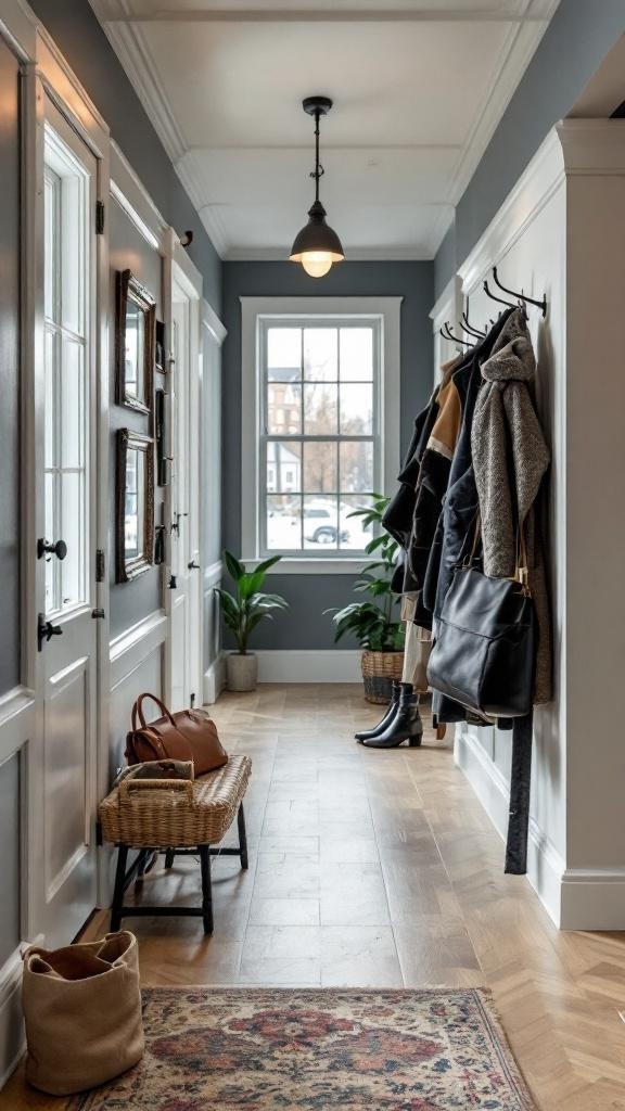 Stylish hallway with hooks for coats and bags, showcasing a neat and organized entrance.