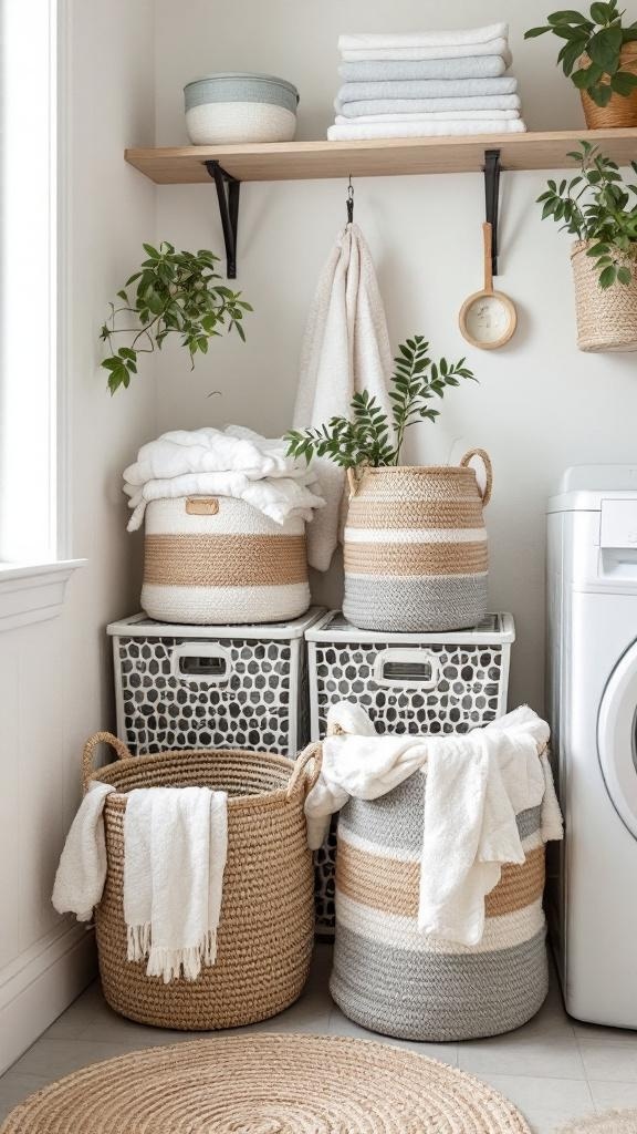 Stylish laundry baskets in a mudroom laundry room with plants and towels.