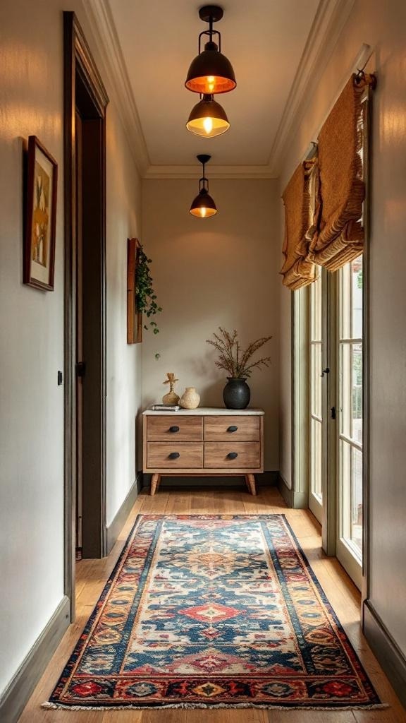 A small hallway featuring a patterned runner rug, wooden flooring, and stylish lighting.