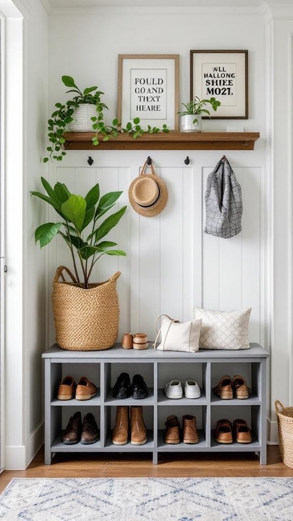 Stylish narrow entryway with shoe storage, plants, and wall decor