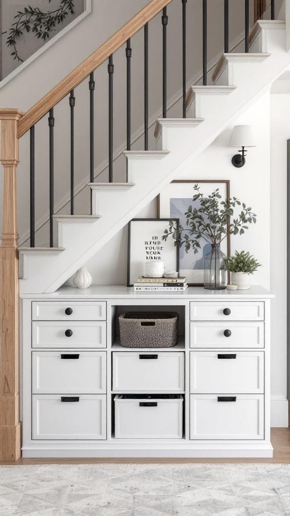 Stylish storage unit under stairs with drawers and decorative items