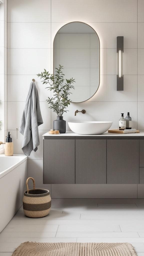 A modern bathroom featuring a sleek waste basket, decorative plants, and minimalist decor.