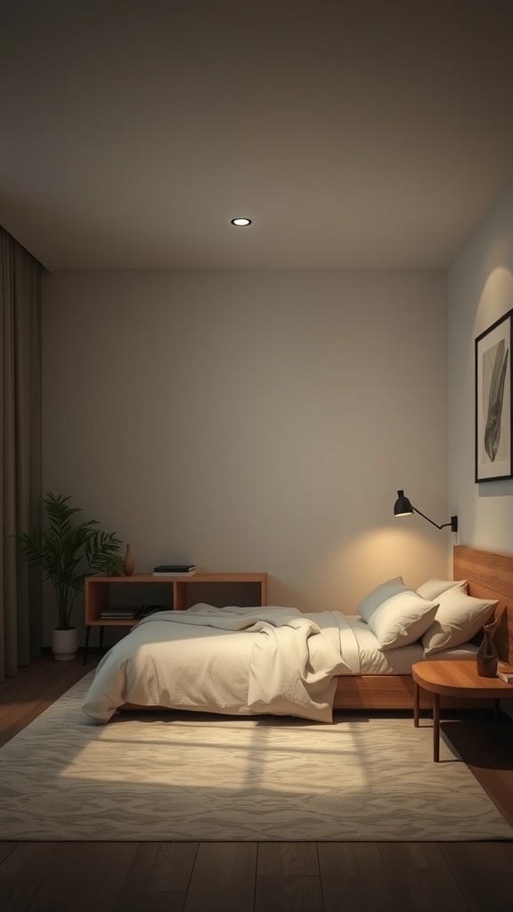 A minimalist bedroom with subdued lighting, featuring a bed, nightstand, and a plant.