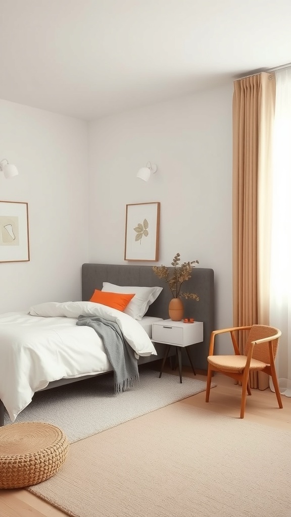 A minimalist bedroom featuring a bed with white linens, an orange accent pillow, a gray blanket, and a light wood floor.