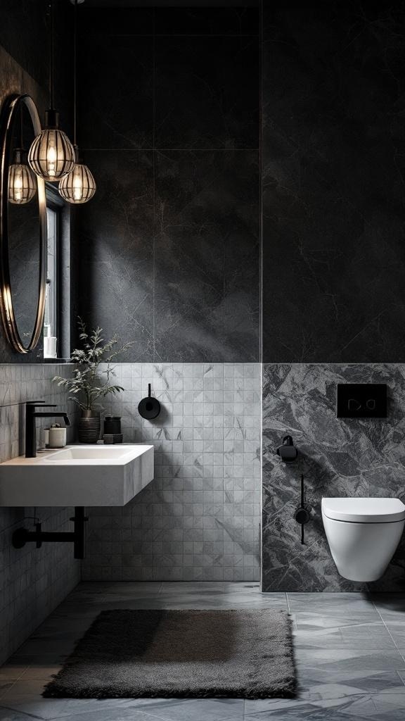 A stylish dark bathroom featuring a mix of dark and light tiles, modern fixtures, and warm lighting.