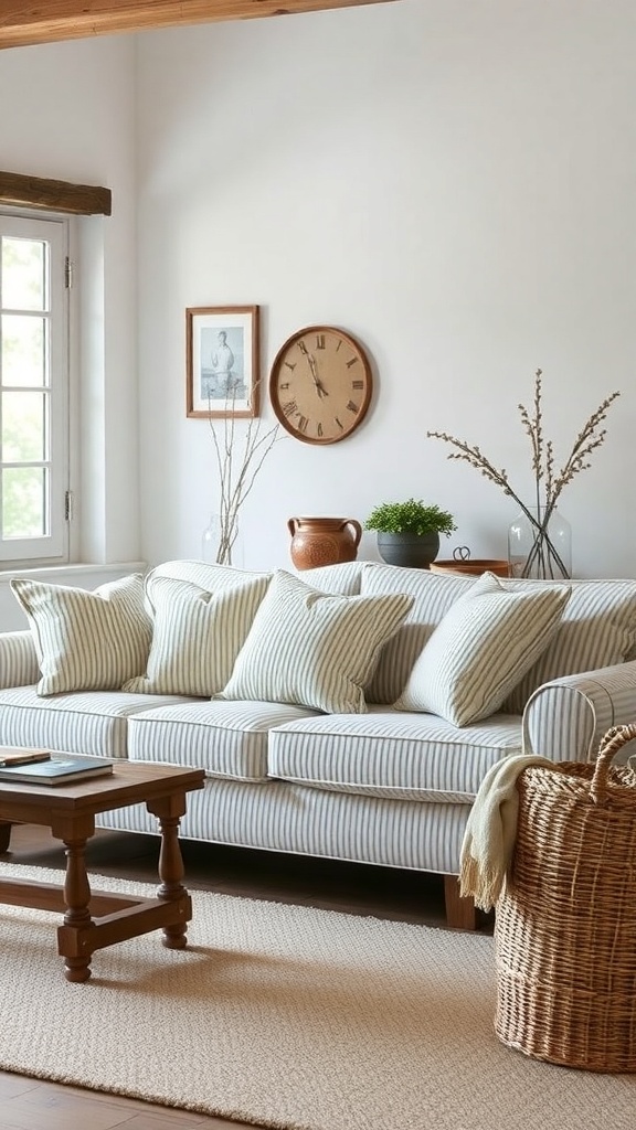 Cozy living room with a striped sofa, wooden coffee table, and natural decor elements.