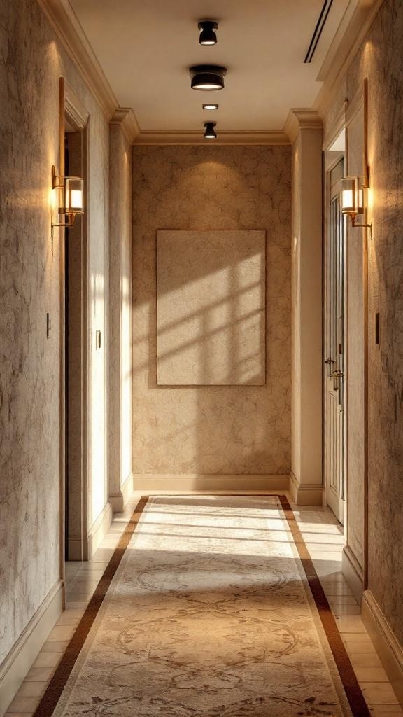 A well-lit hallway featuring textured wallpaper and elegant lighting.