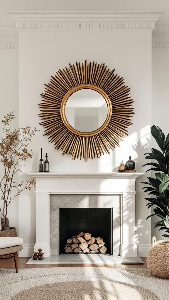 A sunburst mirror above a fireplace, surrounded by plants and decorative items.