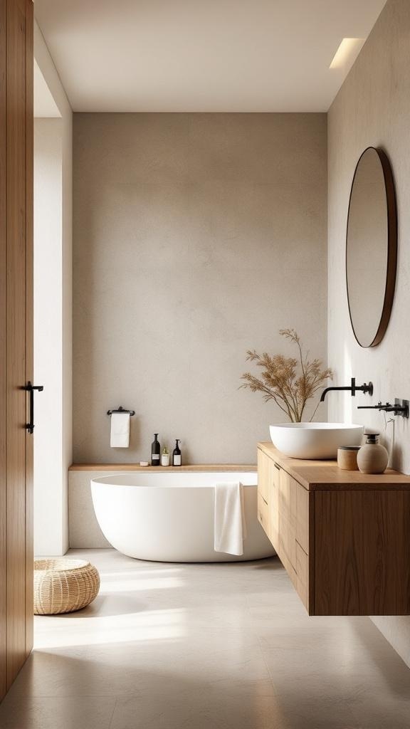 A modern Japandi bathroom featuring a wooden vanity, a sleek bathtub, and natural decor elements.