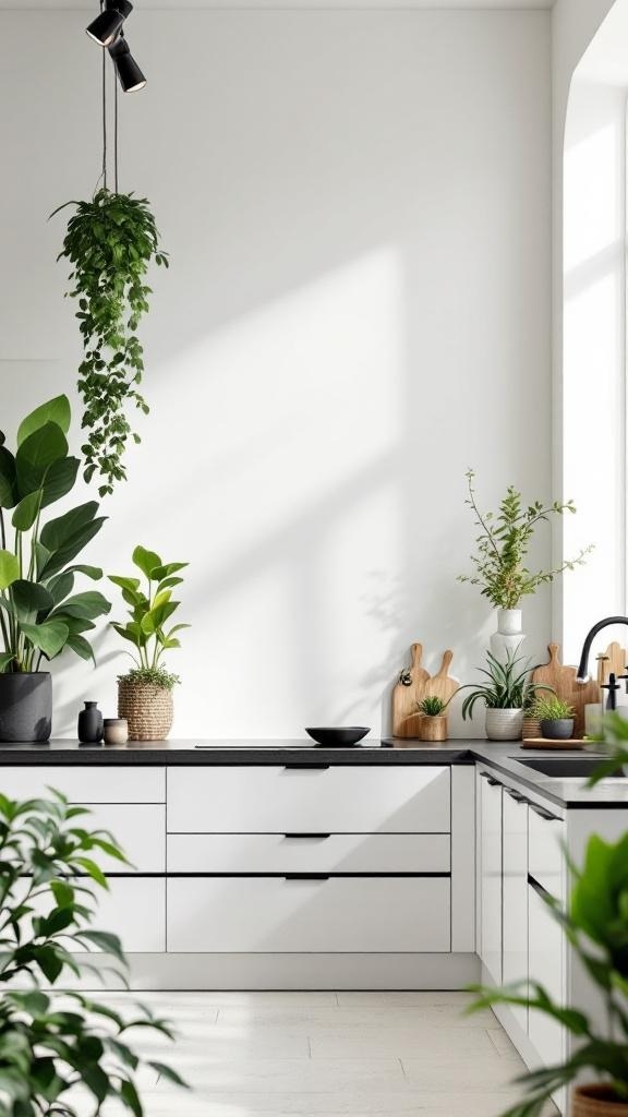 Stylish kitchen featuring black countertops, white cabinets, and various indoor plants.