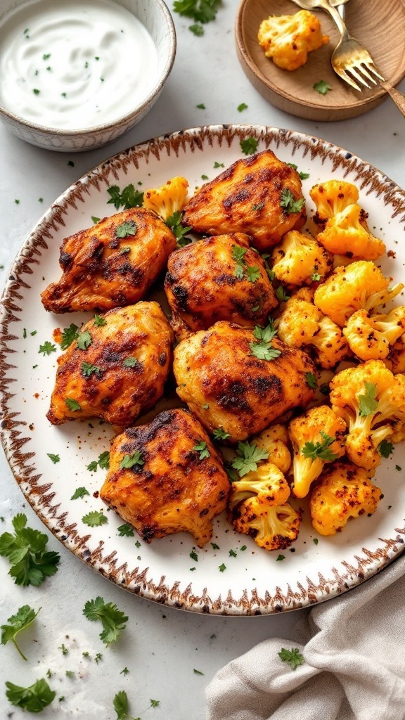 A plate of tandoori chicken with roasted cauliflower garnished with cilantro.