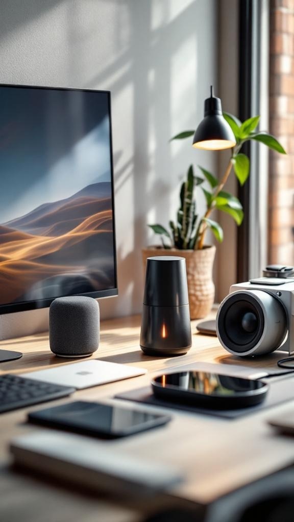 A modern work from home office setup featuring a monitor, smart speaker, lamp, and other tech gadgets.
