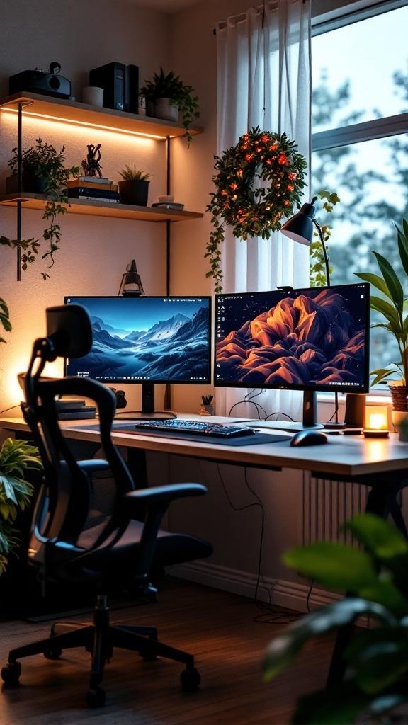A stylish work from home office setup with dual monitors, an ergonomic chair, and plants.