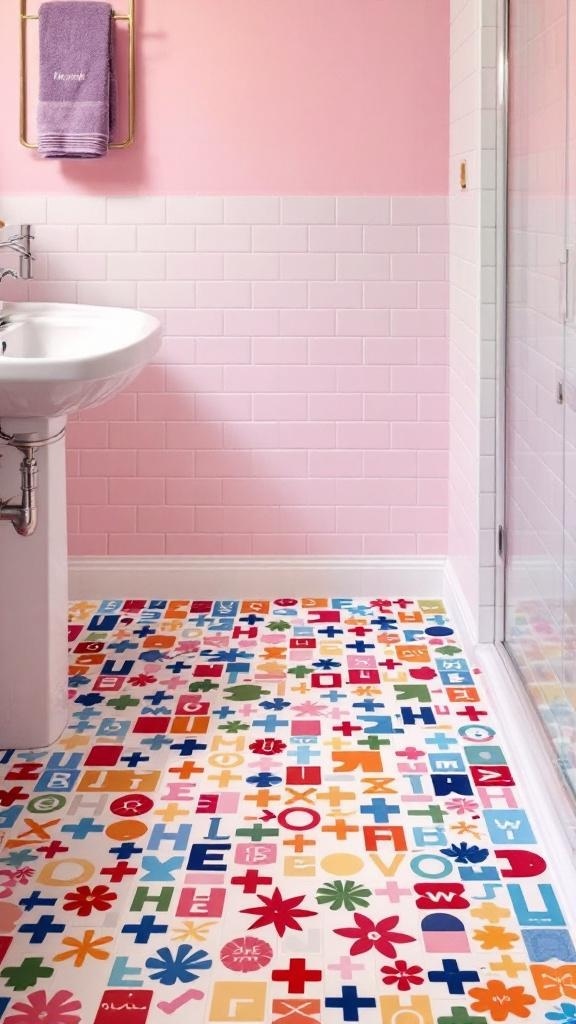 A vibrant bathroom floor decorated with colorful temporary tile stickers, featuring playful patterns and shapes.