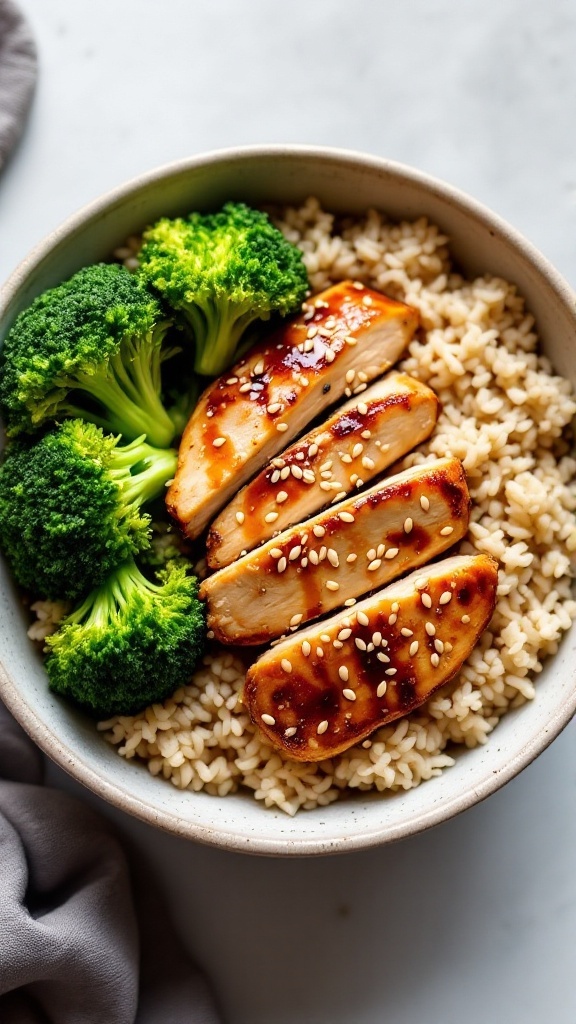 A delicious Teriyaki Chicken Rice Bowl with chicken, rice, and broccoli.