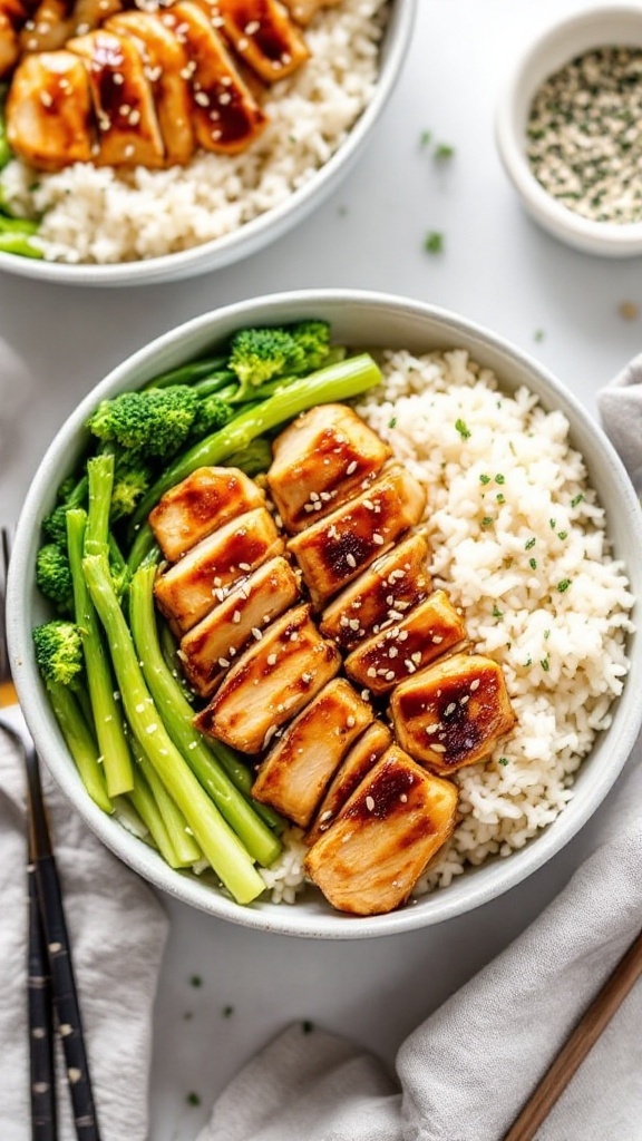 A delicious teriyaki chicken tenderloin bowl with colorful vegetables and rice.