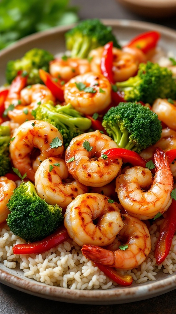 A delicious serving of teriyaki shrimp stir-fry with broccoli and red bell peppers on rice.