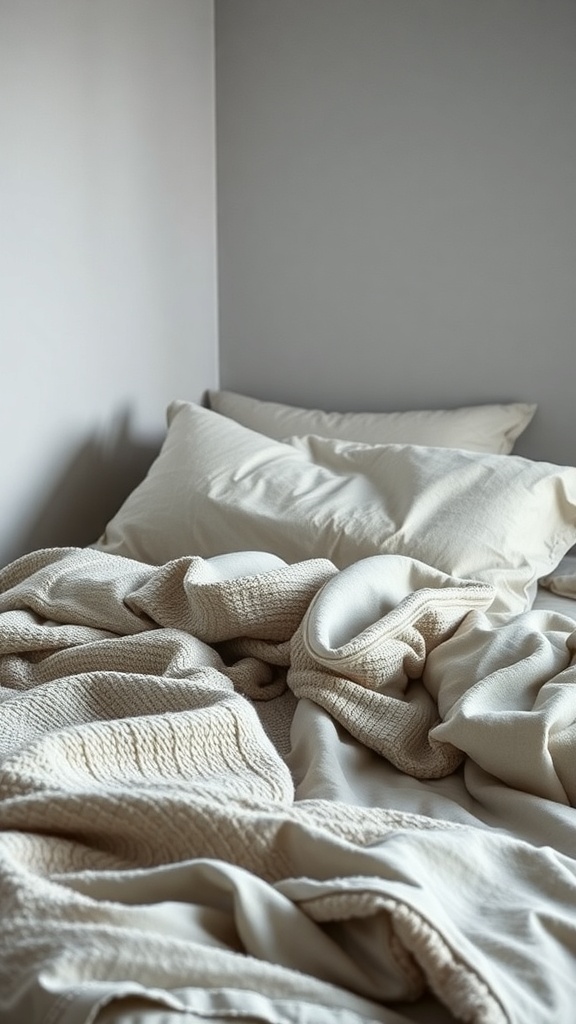 A cozy bed with layered textured bedding in neutral tones.