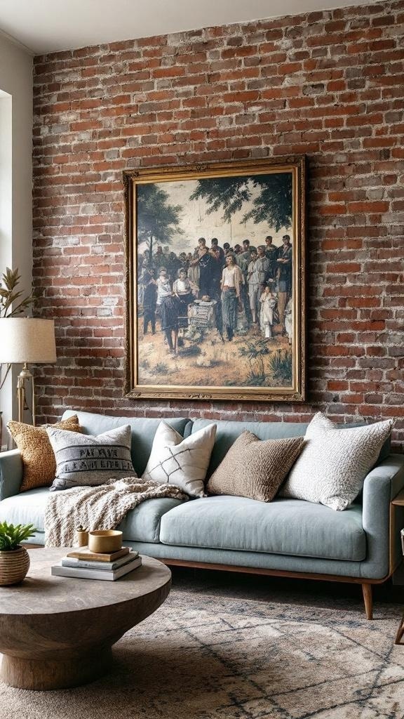 Cozy living room with a textured brick wall, neutral sofa, wooden coffee table, and potted plant.