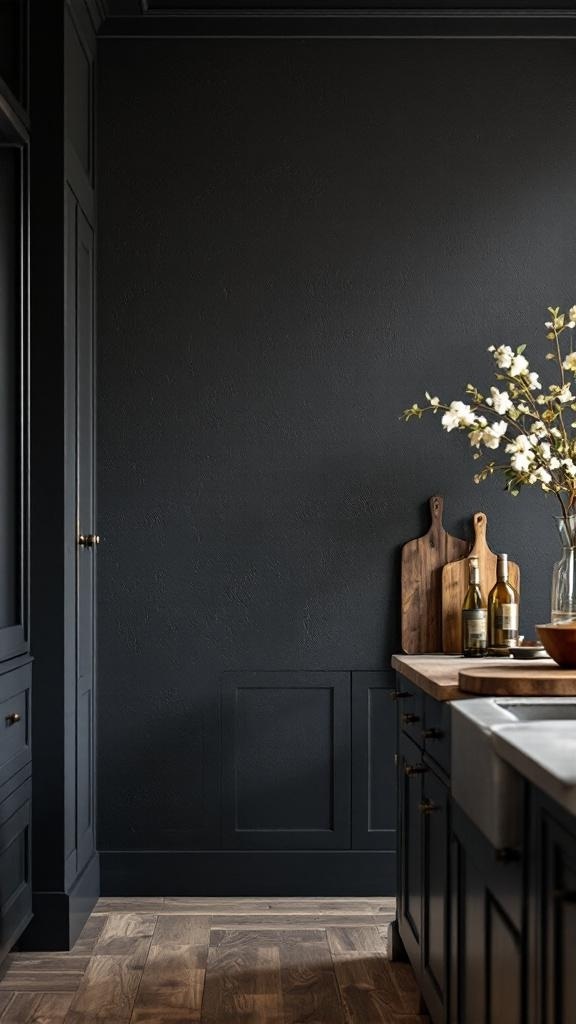 A kitchen with textured dark wall panels, wooden elements, and a cozy atmosphere.