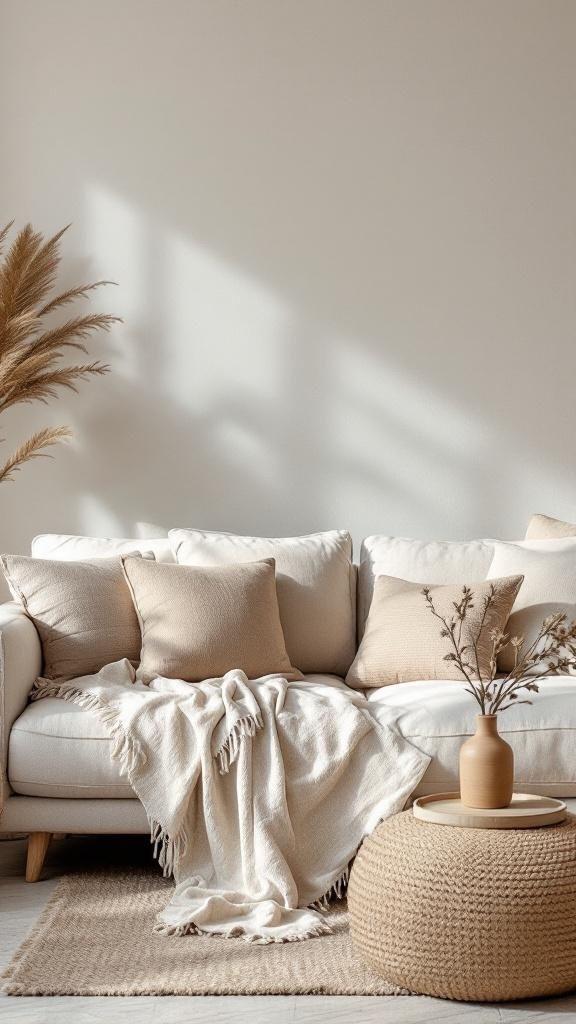 A cozy lounge room featuring a white sofa with neutral pillows, a soft throw blanket, a woven rug, and a textured coffee table with pampas grass.