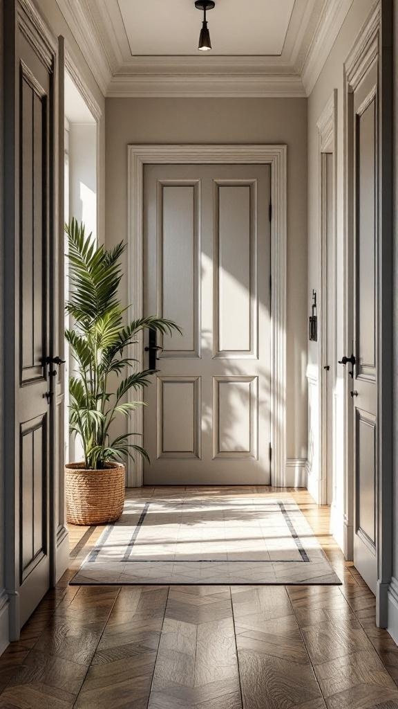 A modern entryway featuring textured flooring with a herringbone pattern, a decorative rug, and a potted plant.