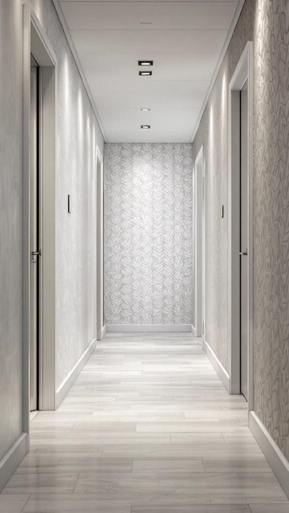 A modern hallway with textured vinyl wallpaper and wooden flooring.