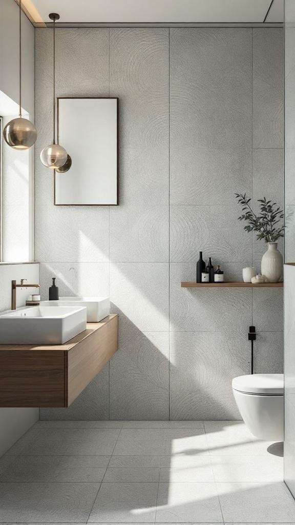 A modern bathroom featuring textured wall panels, wooden accents, and elegant lighting.