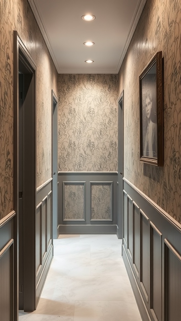 A stylish small hallway with textured dark walls and sleek flooring.