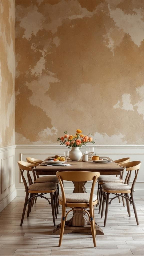 A cozy Tuscan dining room featuring textured walls, a wooden table, and floral centerpiece.