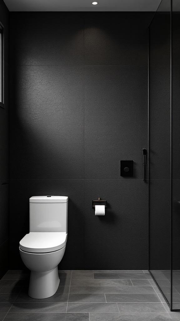 A modern dark bathroom featuring textured wallpaper, a white toilet, and a glass shower.
