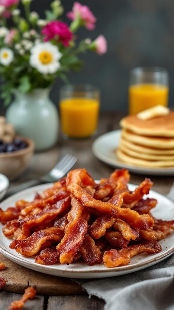 Sweet and Savory Candied Bacon Twists for Brunch Plate of sweet and savory candied bacon twists on a brunch table with pancakes and orange juice.