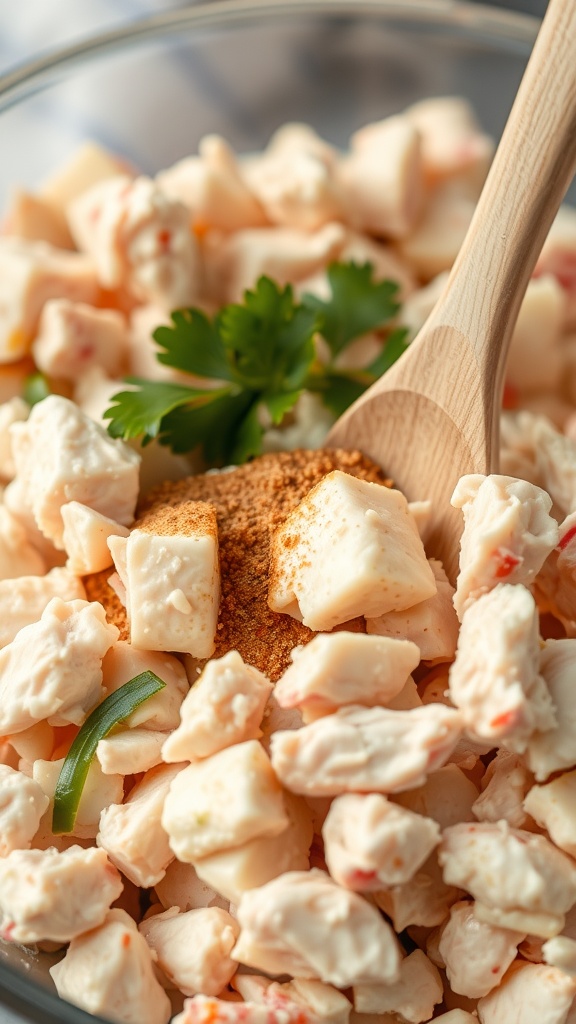 A bowl of classic chicken salad with diced chicken, vegetables, and a secret ingredient for added flavor.