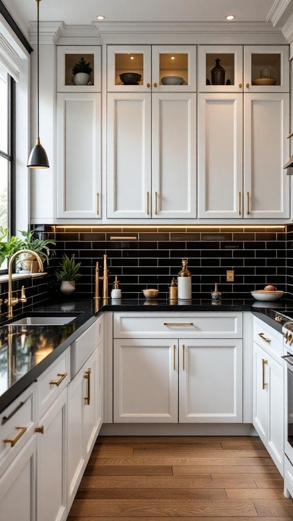 Stylish kitchen featuring black countertops, white cabinets, and gold accents