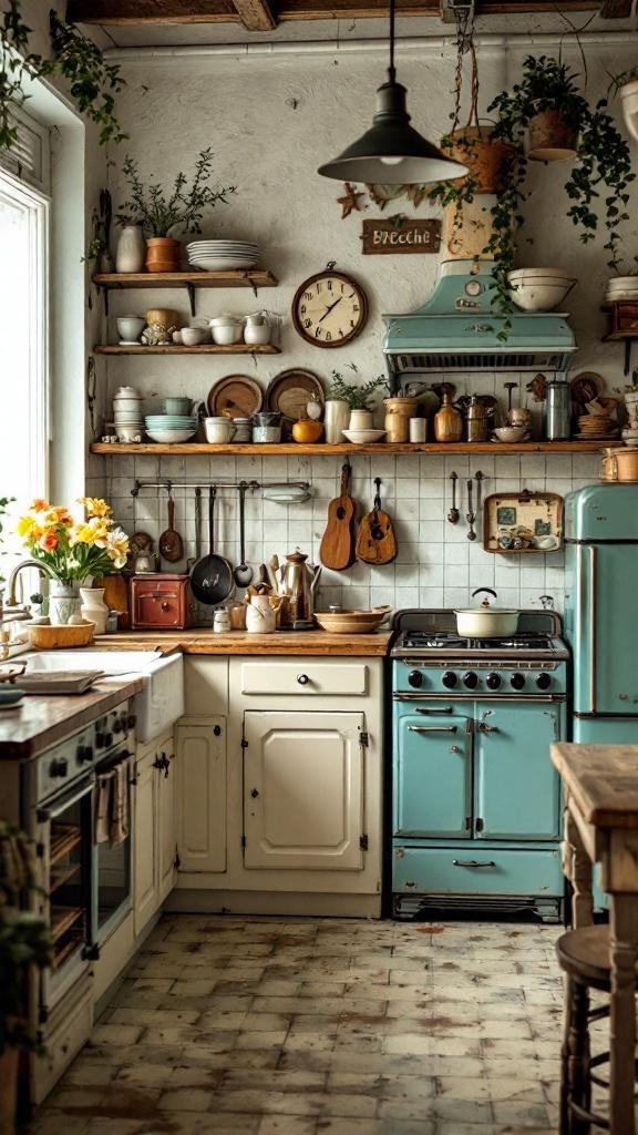 A vintage French style kitchen with blue and cream colors, open shelves, and rustic decor.