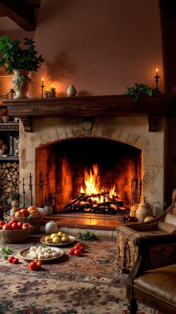 A cozy traditional fireplace with flames, surrounded by baskets of fruits and a rustic chair in a Tuscan dining room.