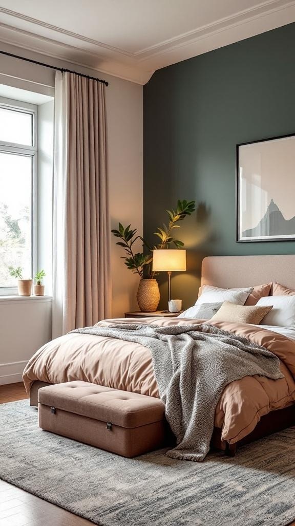 A modern bedroom featuring gray walls, a cozy bed with colorful pillows, and a potted plant.
