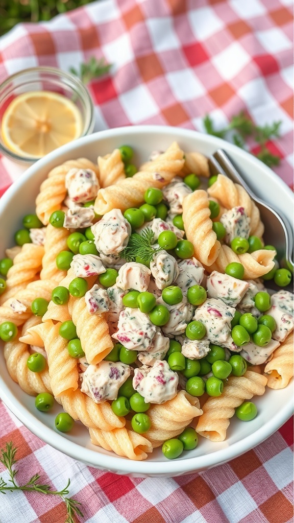 A delicious serving of Tuna Pasta Salad with green peas, spiral pasta, and creamy dressing.