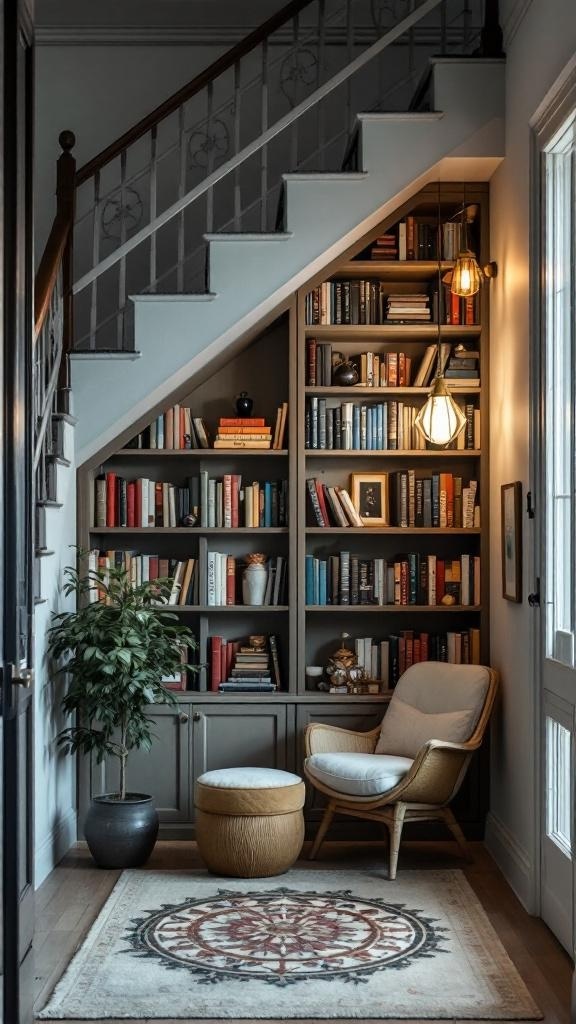 Cozy under-staircase book nook with bookshelves, a chair, and warm lighting.