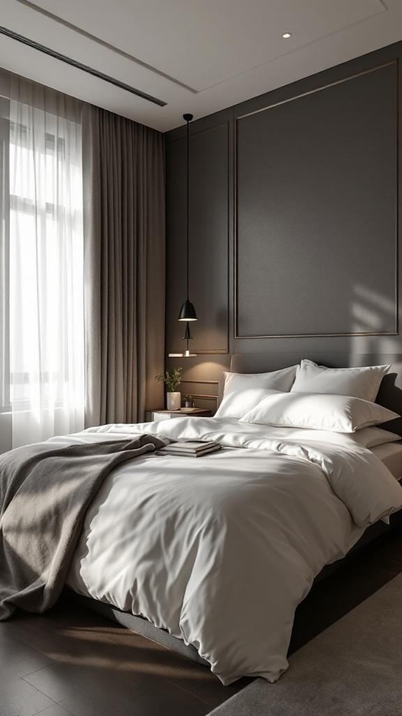 A modern male bedroom featuring neutral colors, a cozy bed with white linens, and elegant lighting.